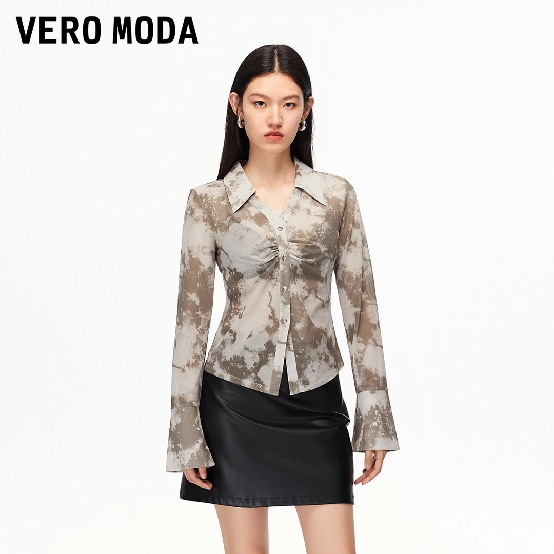 Vero Moda衬衫【蝶翼薄纱】压褶印花喇叭袖百搭流光风老钱风女装