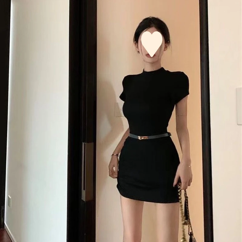 辣妹半高领连衣裙2025新款纯欲包臀短裙收腰显瘦打底裙