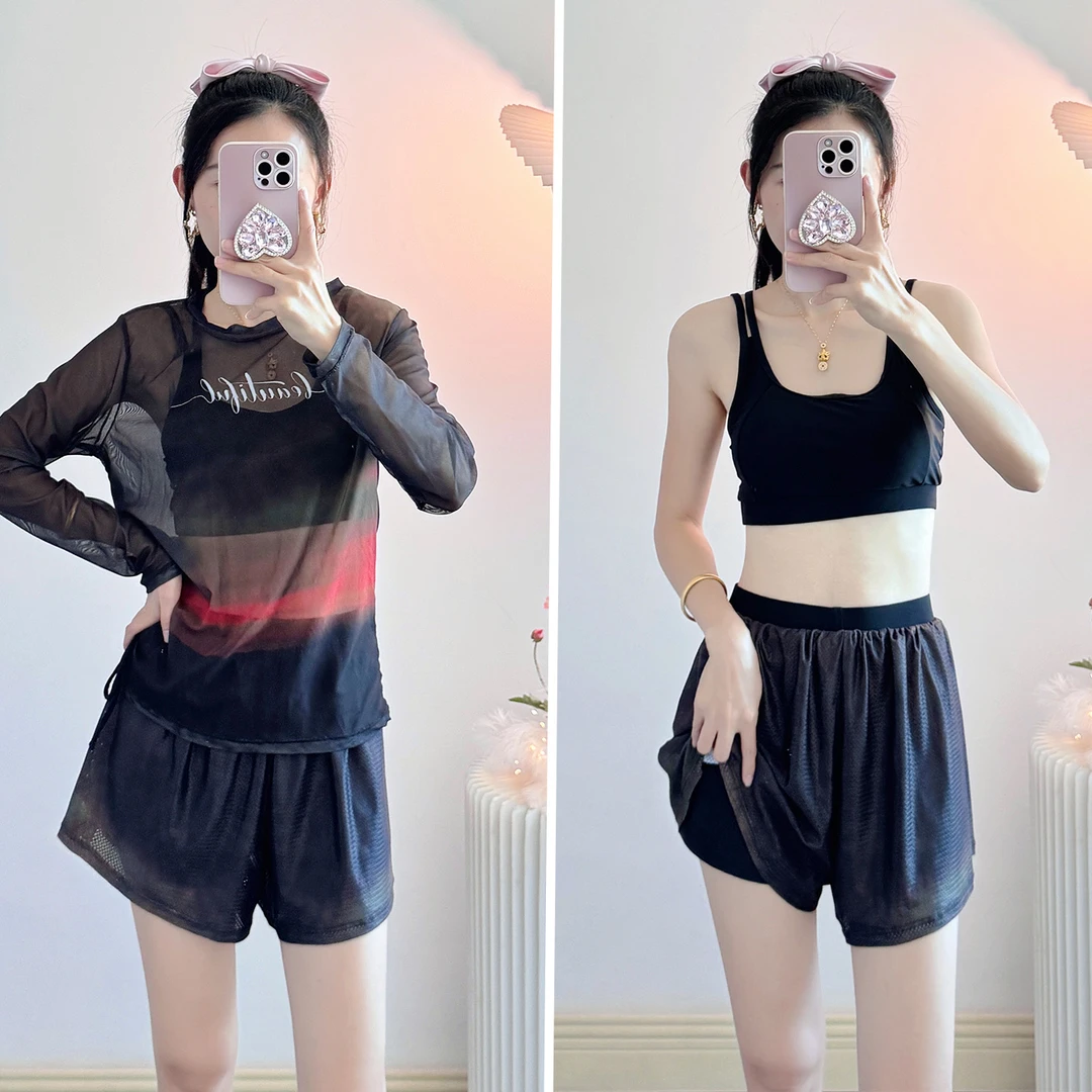 泡温泉分体泳衣女三件套显瘦遮肉运动风网纱罩衫防晒速干度假泳装