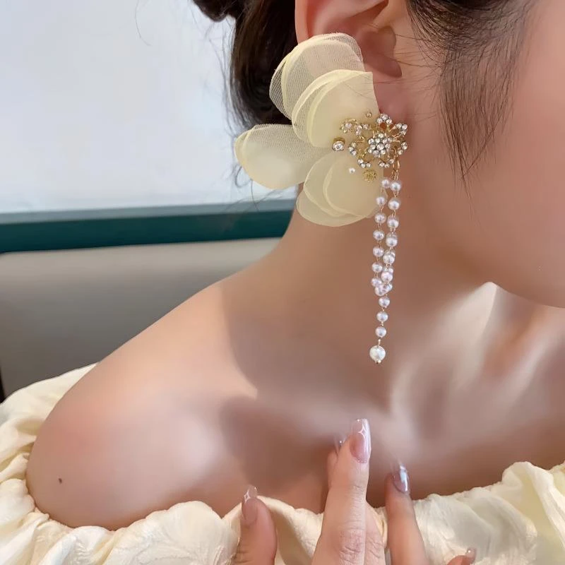 铜合金锆石耳饰 黄色蕾丝花朵不对称耳饰日韩流苏简约耳坠个性气