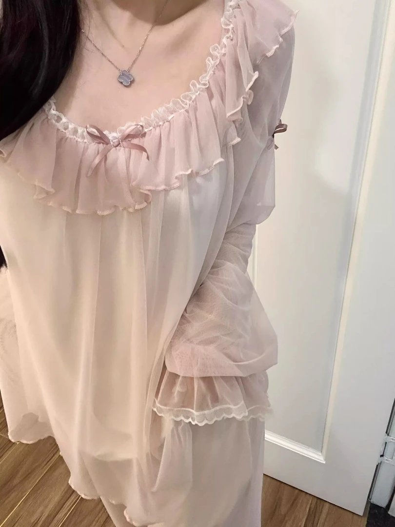 宫廷蝴蝶结软纱公主风睡衣少女春秋款纯欲性感蕾丝花边家居服套装