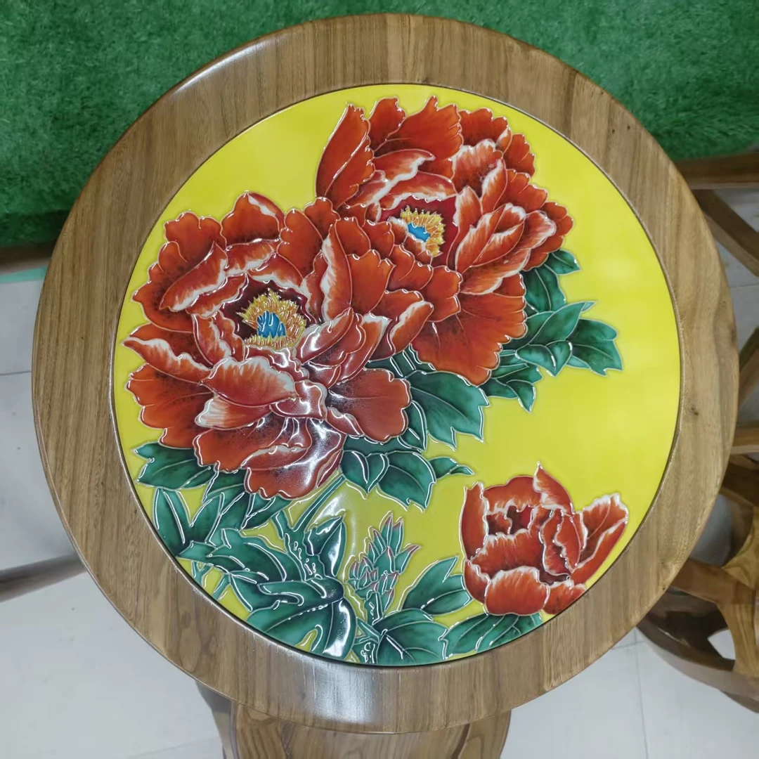 榆华瓷韵桌40新中式老榆木实木工艺创意装饰经典瓷板画