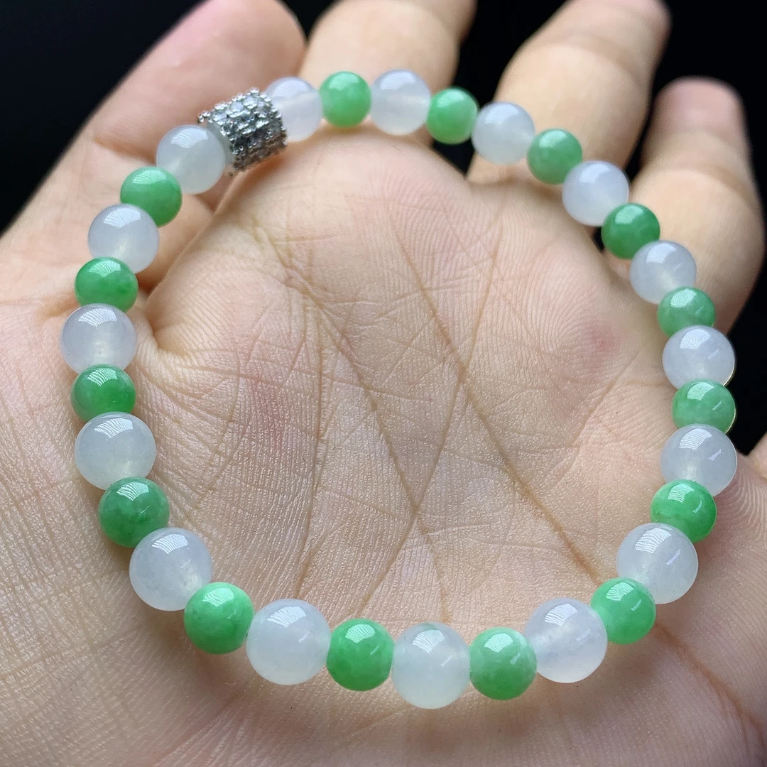 天然A货翡翠多宝冰绿白冰双拼色系圆珠手串卡5-6mm左右