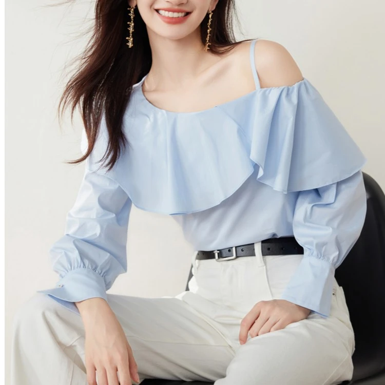 实拍有现货2025秋季新款女装甜美荷叶边一字领露肩长袖上衣