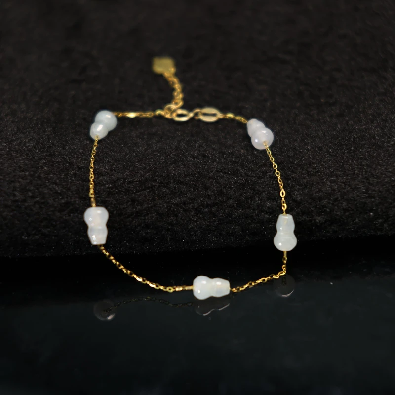 #H651 18K金镶嵌白冰天然A货翡翠葫芦手链手串