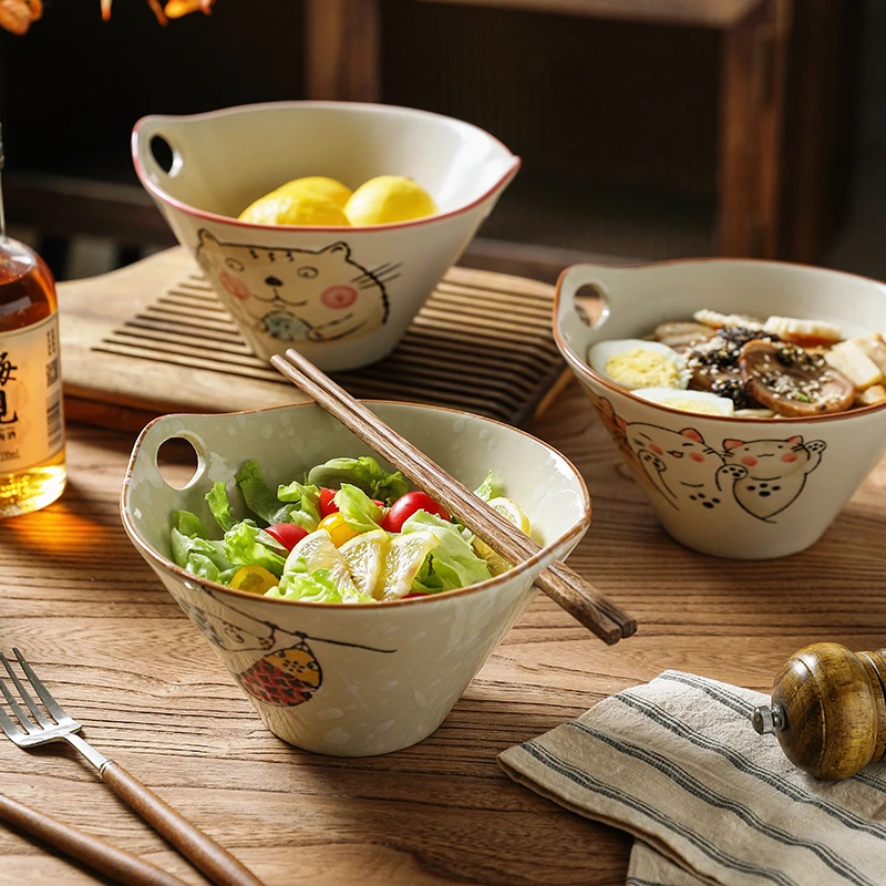 舍里釉下彩复古斗笠碗面碗陶瓷家用双耳面条碗吃面拉面碗餐具大号