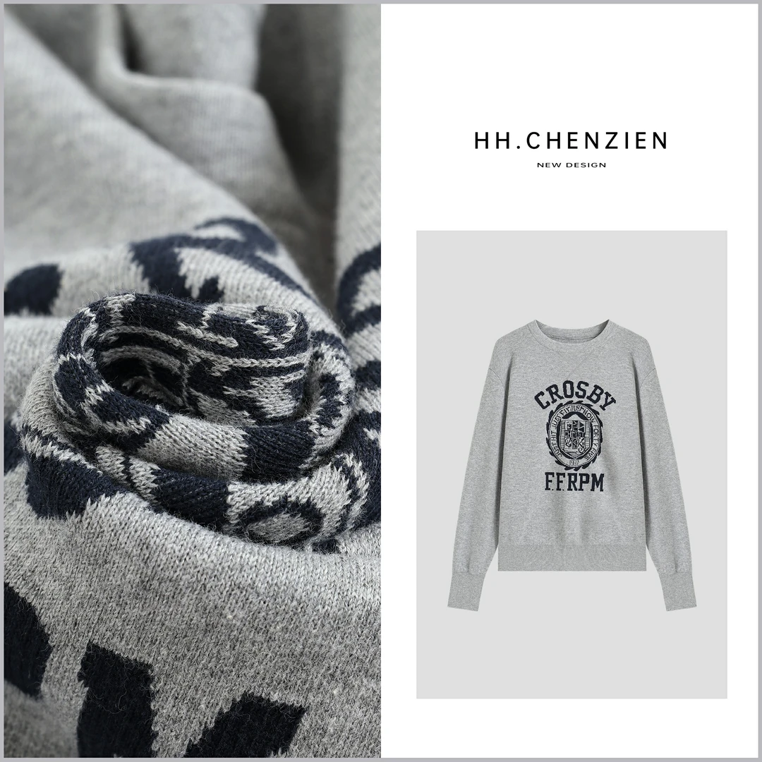 【黑黑家】秋季新款女士圆领套头款大字母简约百搭针织衫上衣