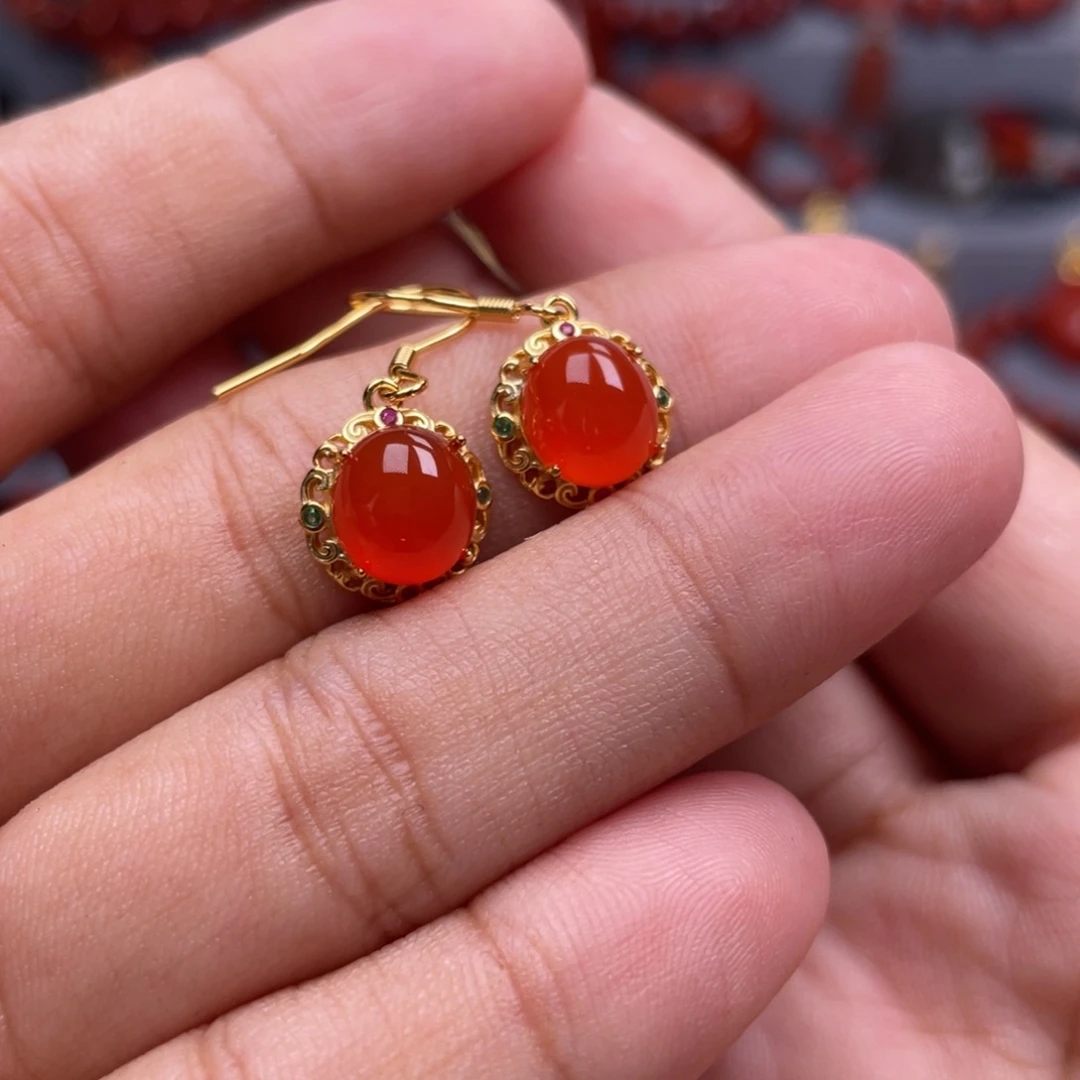 南红玛瑙银S925镶嵌珠宝奇石耳环