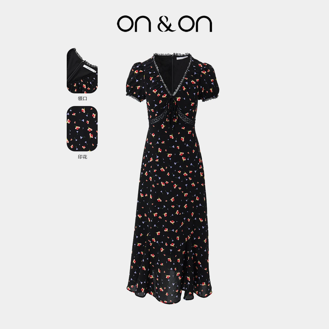 ON&ON/安乃安夏季韩系木耳边V领蕾丝拼接收腰连衣裙N5SA1637301