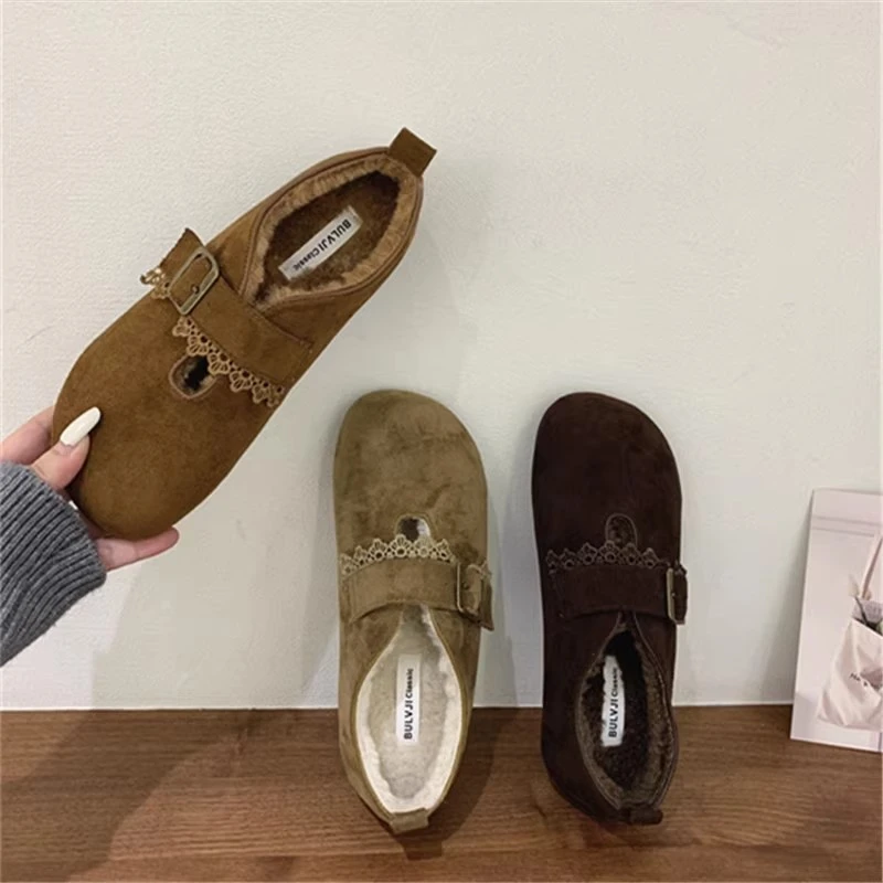 森系厚底加绒勃肯鞋女全包2025年冬圆头皮带扣加厚保暖棉鞋豆豆鞋