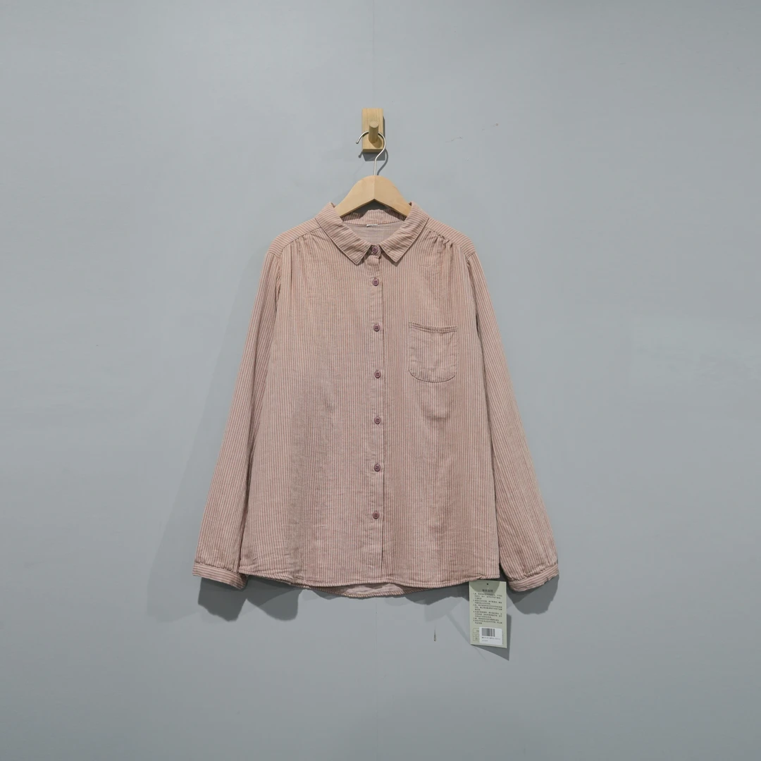 【且听风吟】0112891文艺色织棉复古条纹翻领口袋衬衫衣长66胸围116