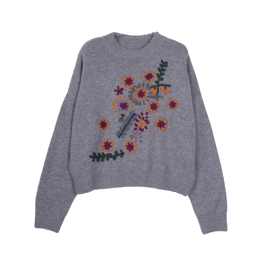 CHUAN BAI 秋冬圆领经典复古花纹撞色针织长袖套头衫