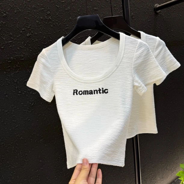 烫钻字母夏季锁骨U领短袖女款爆款2025新款修身显瘦上衣夏103#