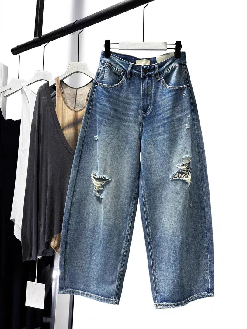 SU【177】花87 素素 薄款八九分弯刀裤显瘦磨破洞牛仔气球裤老爹裤~