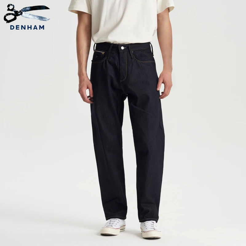 DENHAM男士深蓝色休闲宽松微锥原色剪刀牛仔裤DART CINC