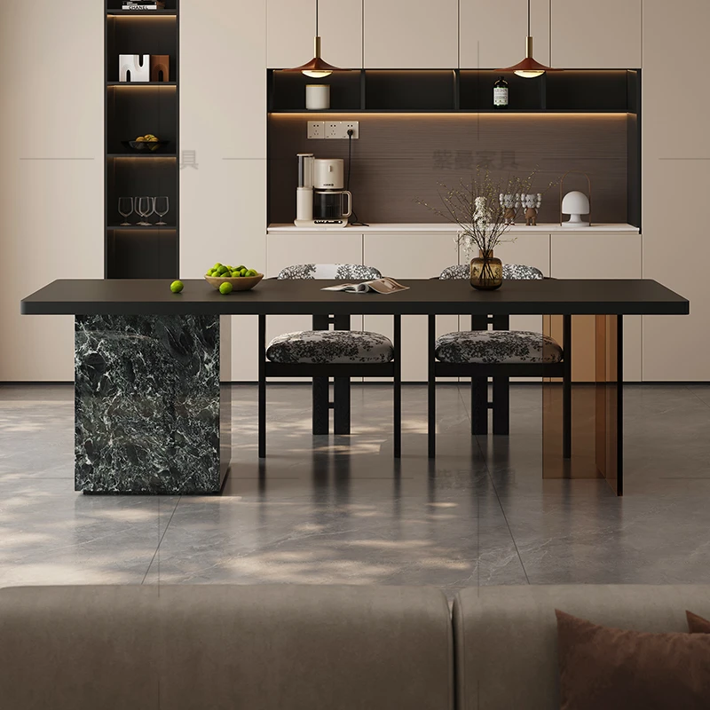 中式茶桌椅组合齐平岛台餐桌家用普拉达绿岩板中岛台餐桌椅设计师