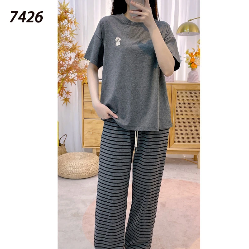 【95棉】女款拉架棉 套头短袖长裤套装【灰色】条纹 小狗-7426-XP