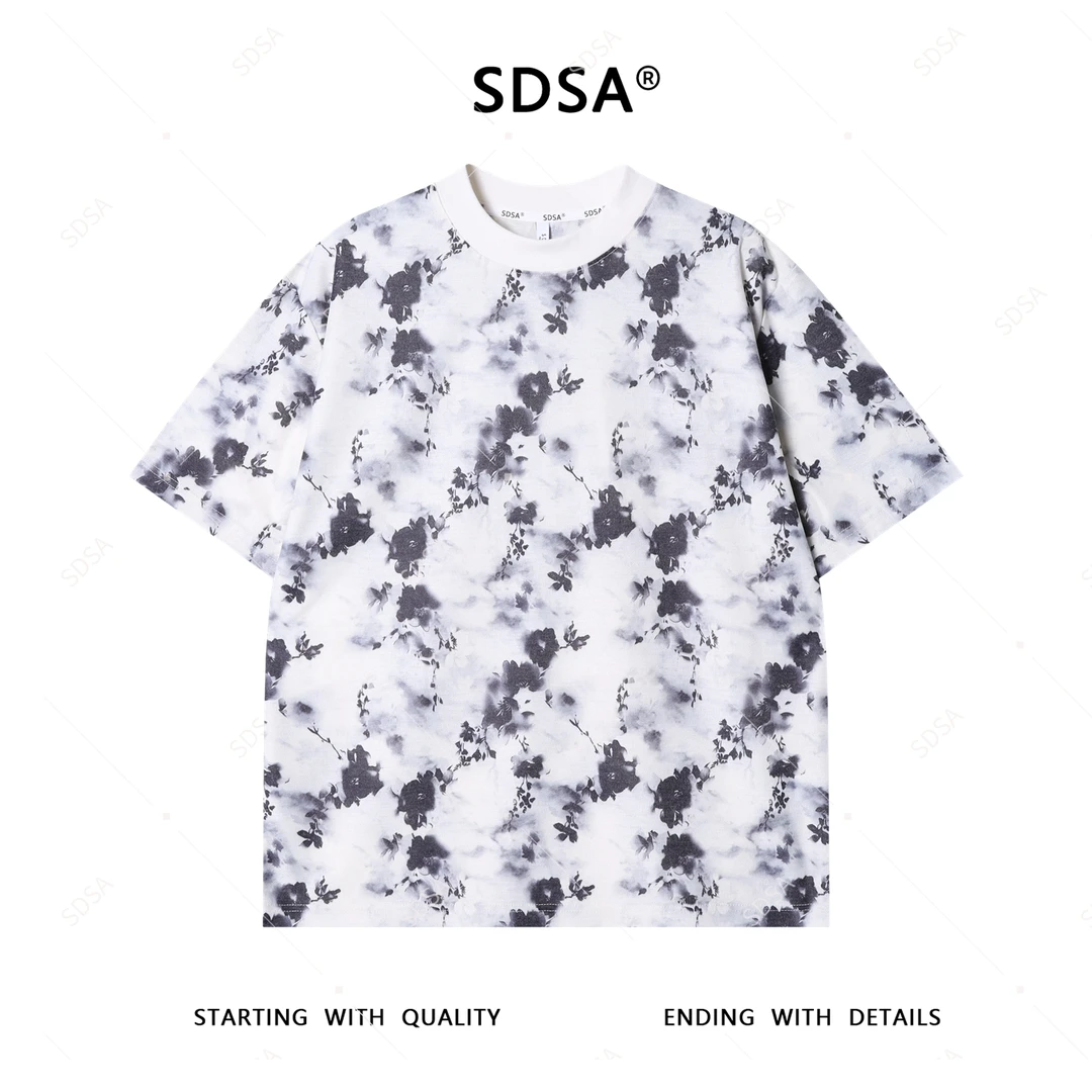 夏季高级感新款男士简约撞色花卉设计短袖T恤宽松休闲圆领上衣潮