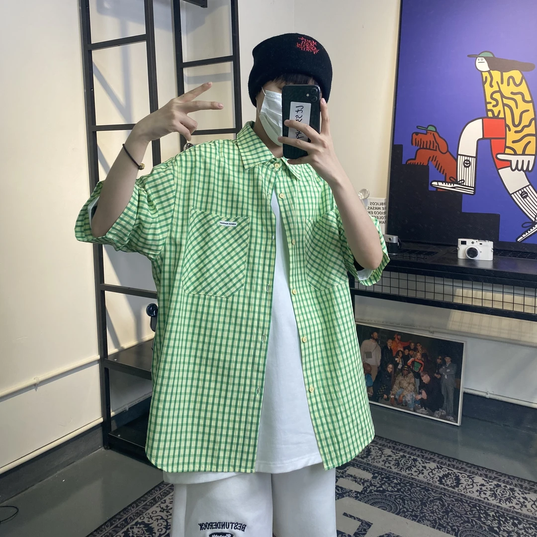 福利体验价 休闲夏季宽松潮流短袖衬衣衬衫格子美式情侣格纹C394