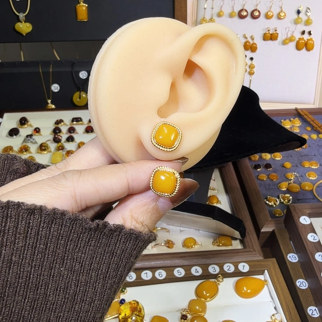 蜜蜡银S925镀金镶嵌耳饰