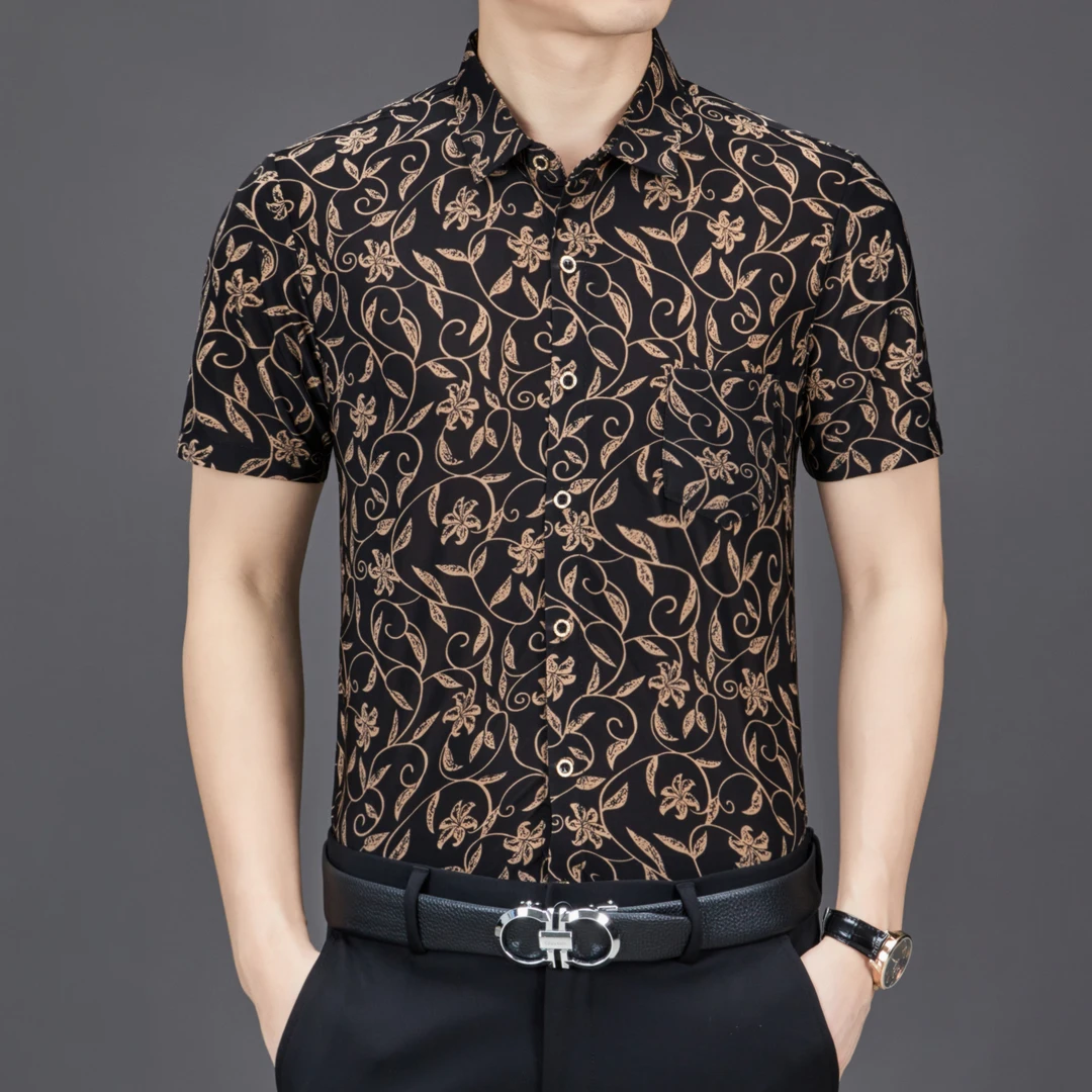 花衬衫夏季男士短袖印花冰丝薄款衬衫中年商务休闲免烫抗皱弹力衬