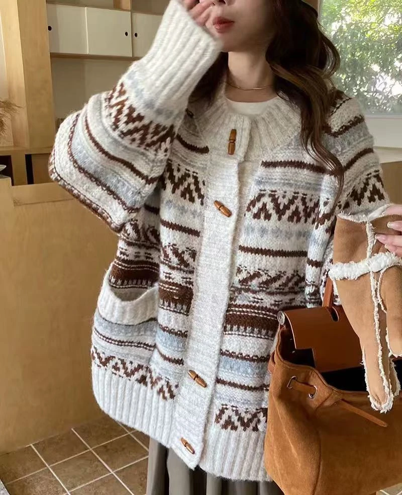 秋冬长袖套头复古毛衣开衫毛针织衫百搭宽松韩版提花刺绣古风