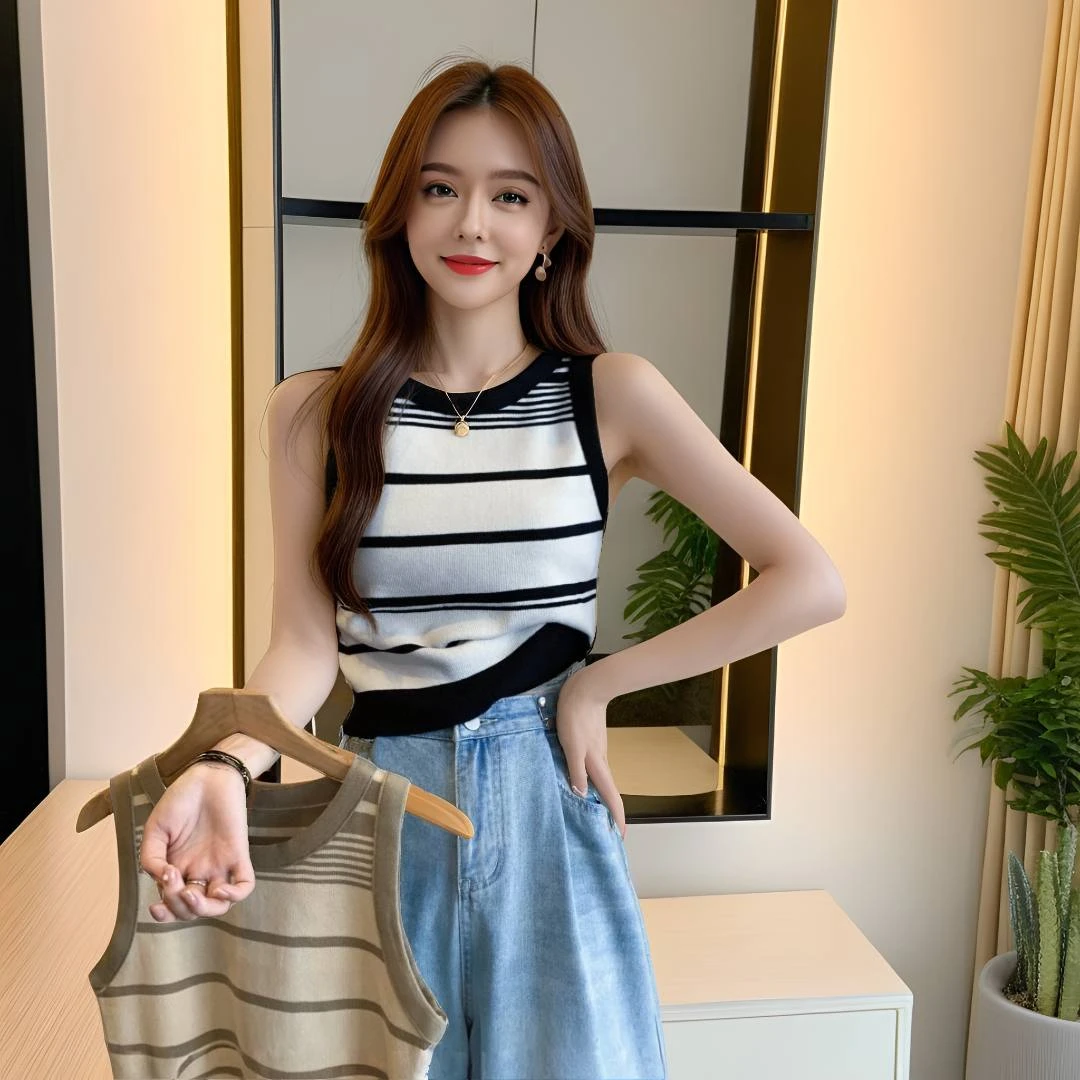 2025运动背心短款外穿显瘦百搭女夏新款条纹吊带修身内搭无袖上衣