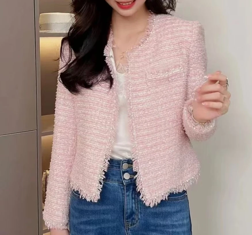 566-洋气百搭时尚粗花呢圆领长袖小香风外套