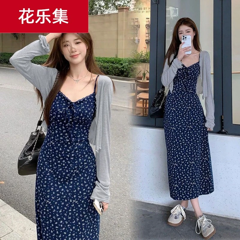 花乐集休闲新款蓝色领碎花夏天背心连衣裙子法式气质吊带包臀长裙