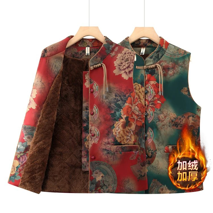 秋冬加绒加厚印花保暖中老年女性马甲奶奶时尚坎肩外套