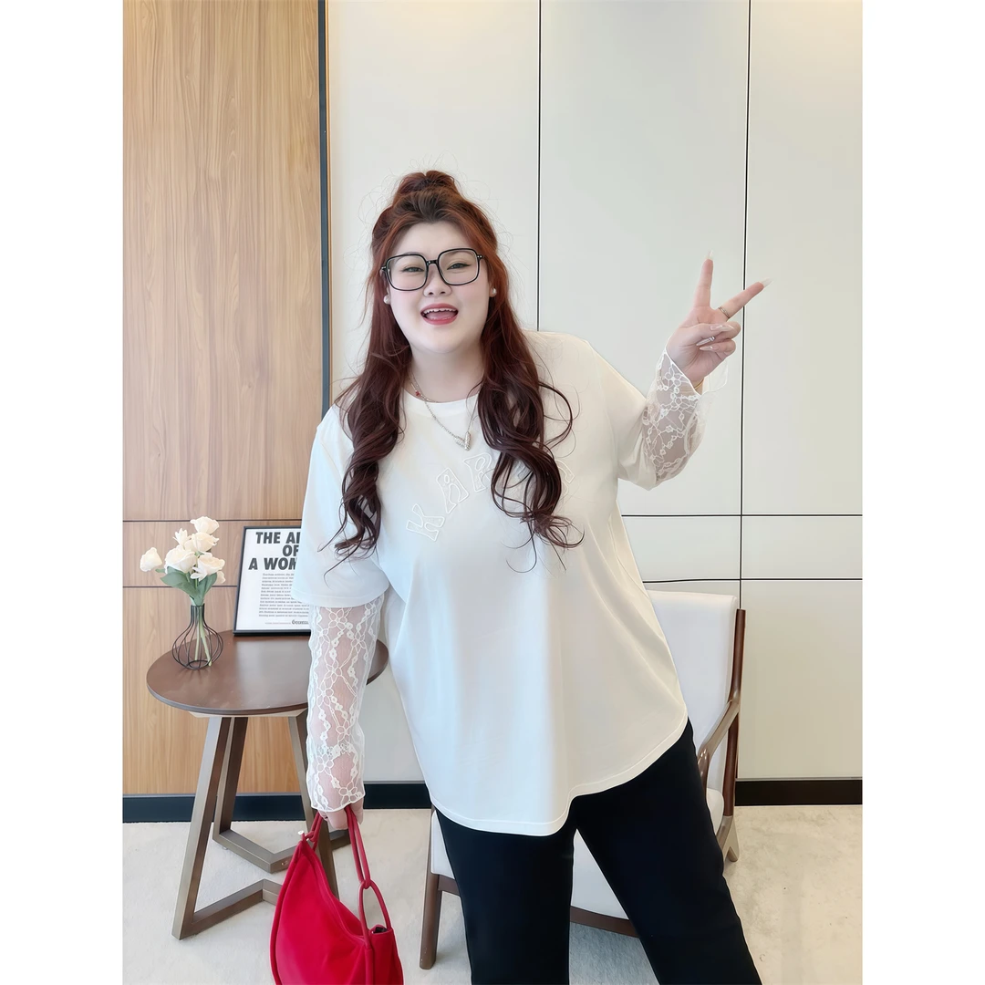 大码女装夏季时尚花契200斤胖mm韩系设计感蕾丝拼接长袖T恤14428