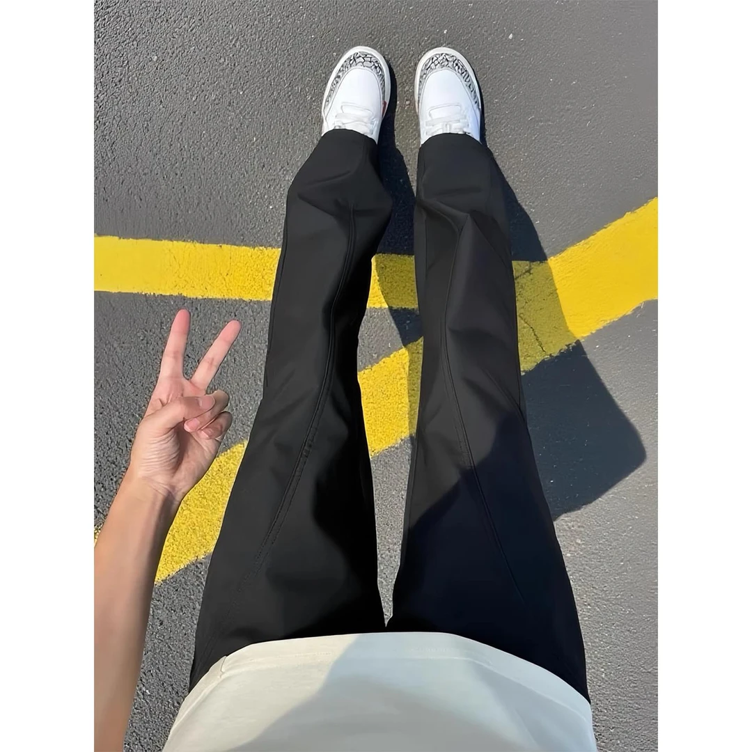 黑色斜切冰丝微喇裤子男夏薄款美式速干工装裤户外运动软壳冲锋裤