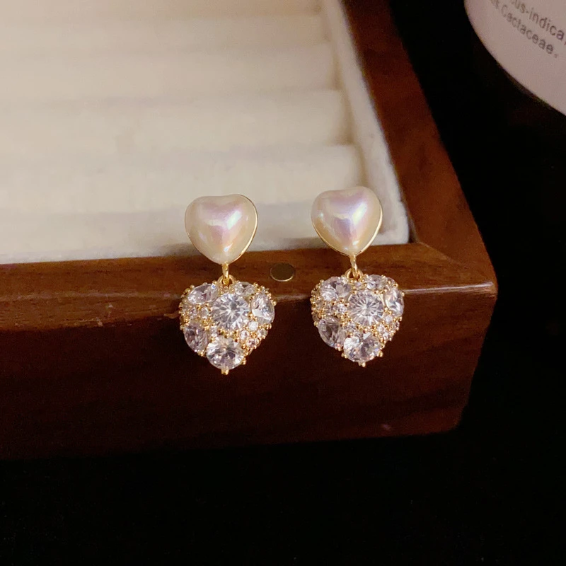 铜合金锆石耳饰 【HD】时尚小众轻奢简约微镶锆石珍珠双爱心耳钉