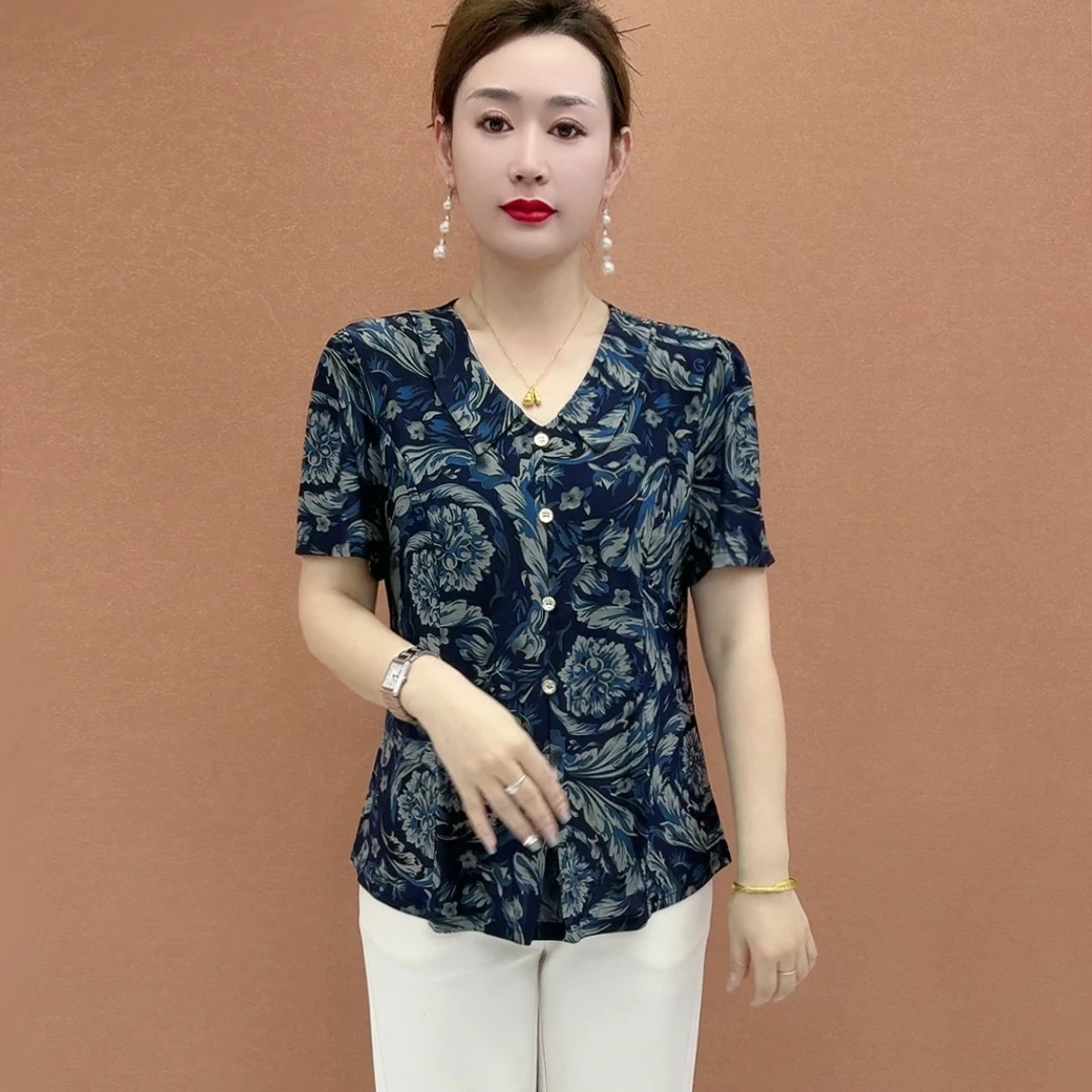 夏季新款时尚洋气妈妈装宽松显瘦女短袖减龄妈妈装小衫