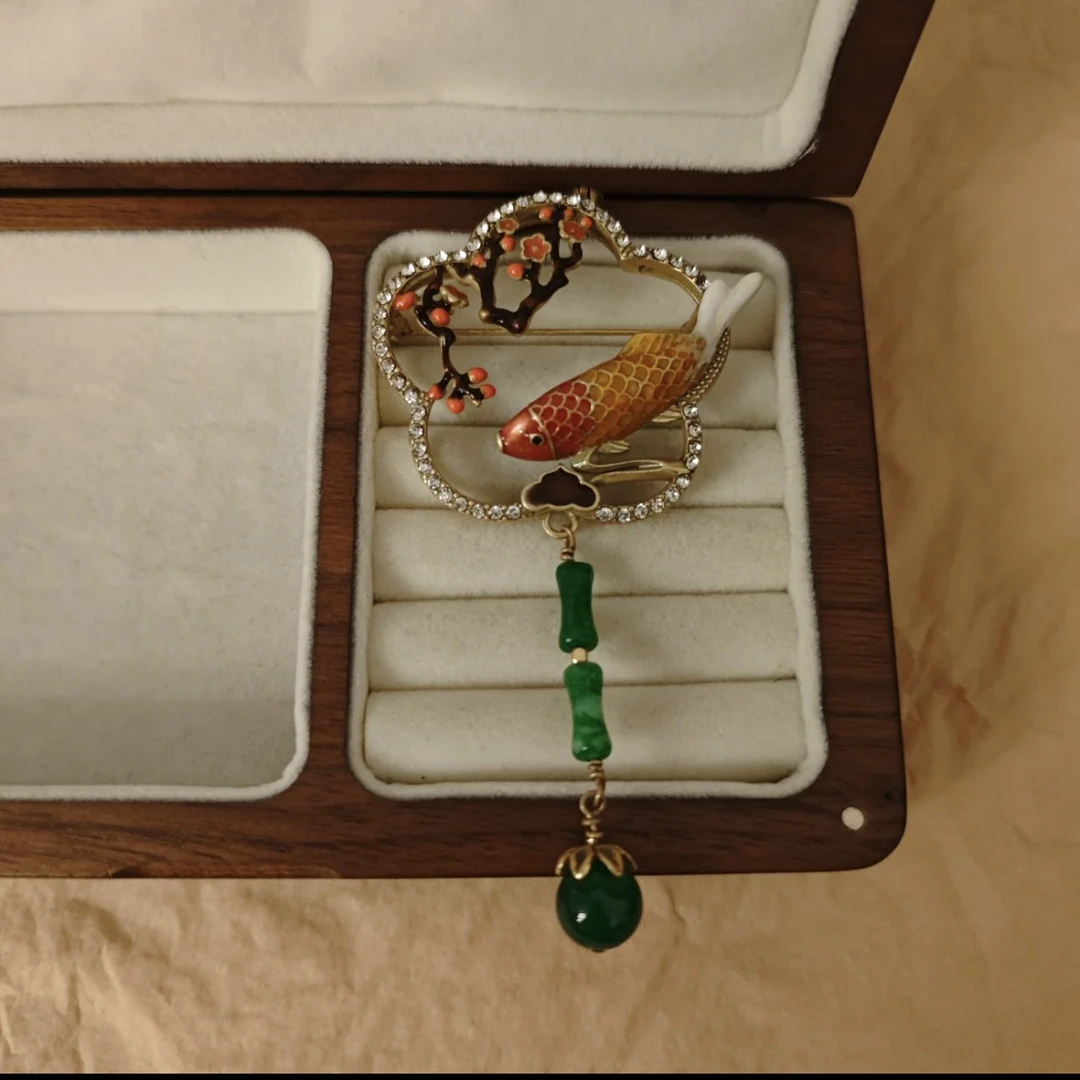 黄铜合成锆石胸针 时尚复古中古VINTAGE 国风手绘珐琅锦鲤胸针