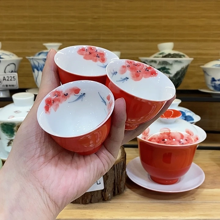 手绘龙船花杯子60cc三个装瑕疵福利款