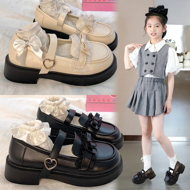 女童皮鞋2025春秋新款防滑女孩黑色小皮鞋公主蝴蝶结儿童演出单鞋