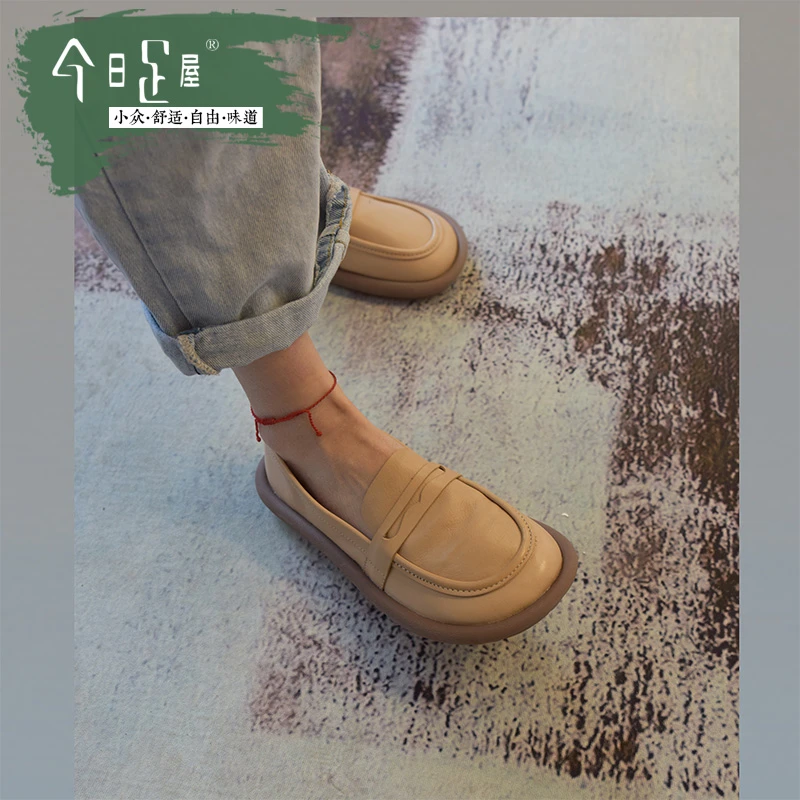 复古真皮休闲乐福鞋女圆头夏款懒人鞋套脚软皮单鞋小皮鞋221010