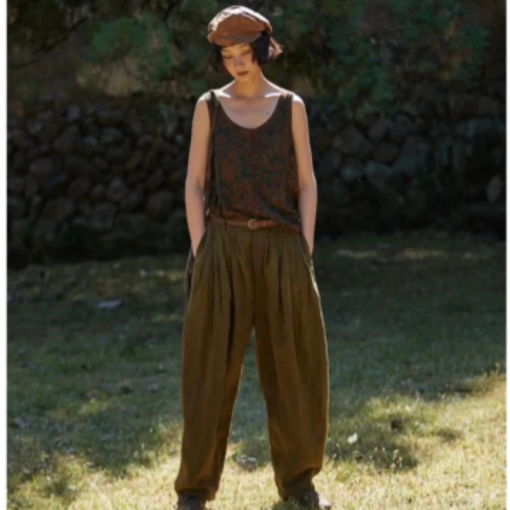 左岸迷香 Z23SS3014 棉麻纯色复古植物染休闲裤