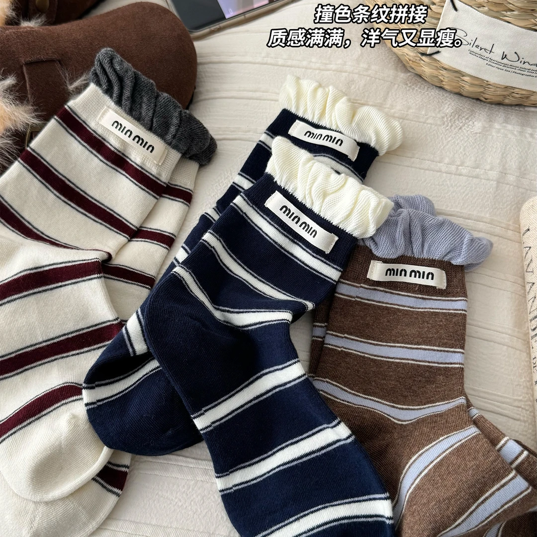 韩系泡泡口条纹秋冬中筒袜子无骨棉袜百搭ins复古堆堆女袜