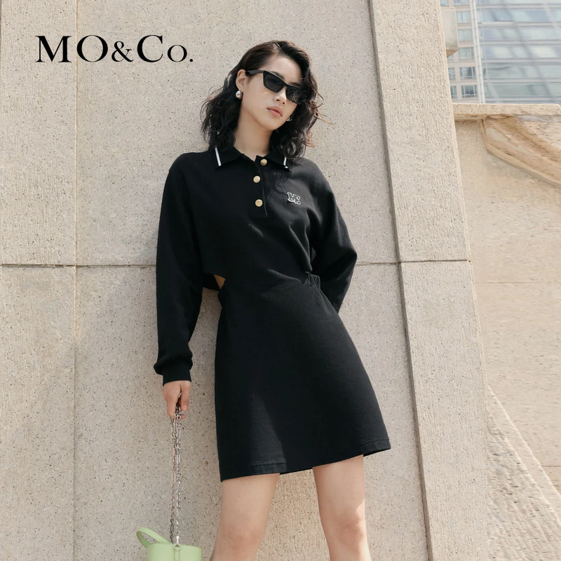 MOCO春季MC刺绣POLO领金扣镂空高腰短款连衣裙MBC1DRST18