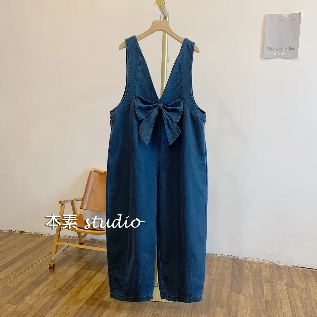 欢歌C3381蝴蝶结V领宽松牛仔背带裤