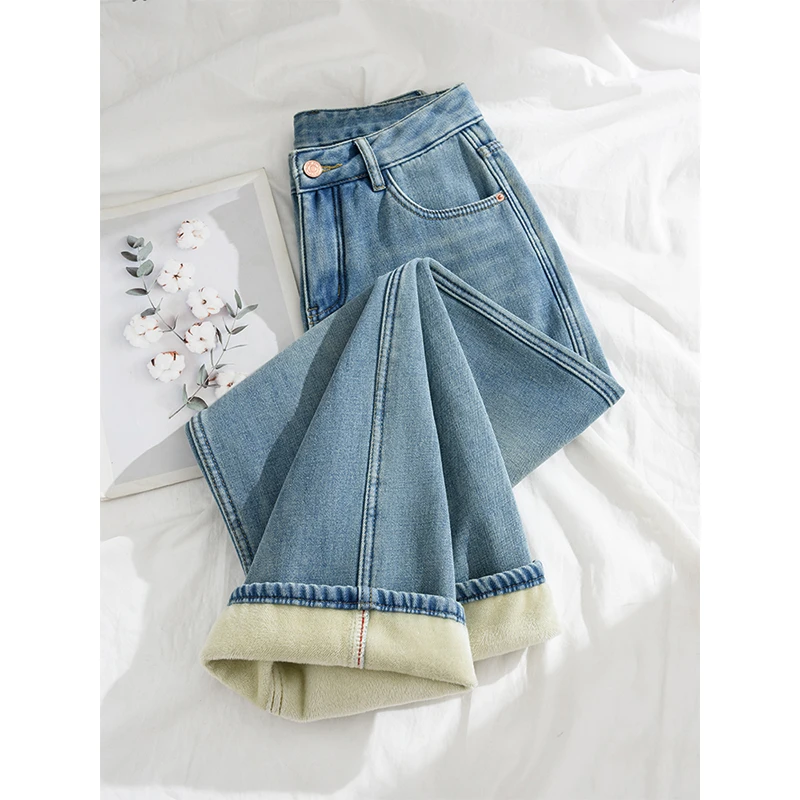 浅色加绒牛仔裤女秋冬2025新款高腰显瘦窄版直筒裤子冬季阔腿长裤