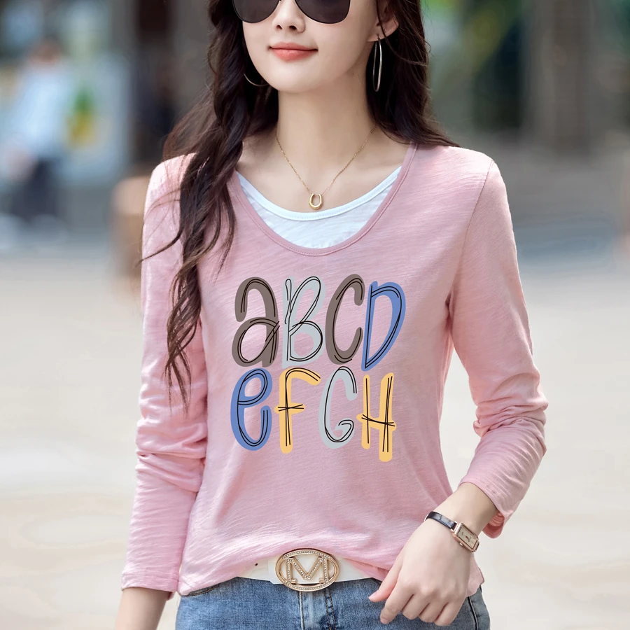 2025春秋新款大码女装假两件设计竹节棉休闲宽松长袖t恤女打底衫