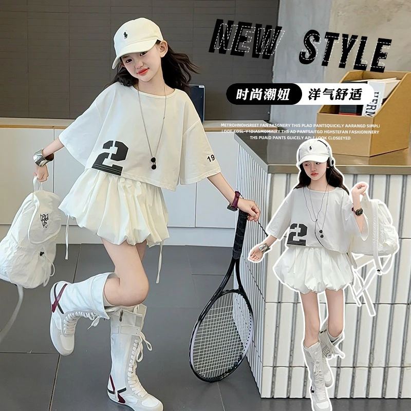 女童夏季休闲两件套2025新款儿童洋气时尚百褶休闲可露丽风套装
