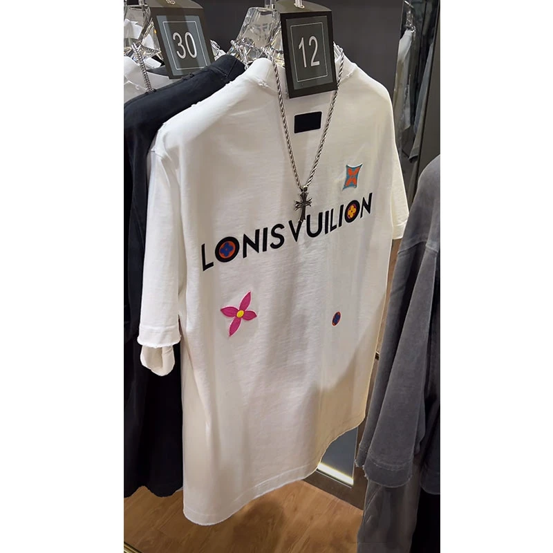 欧洲站轻奢高定大牌男装上衣2025夏新款字母刺绣宽松白色短袖T恤