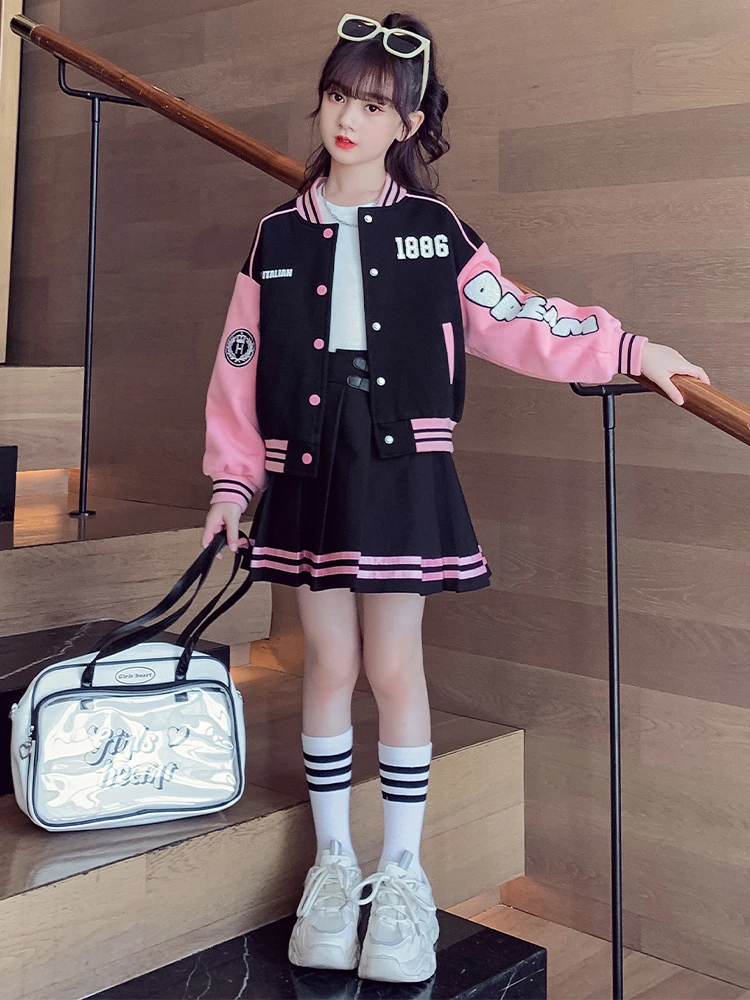 女童秋装连衣裙2025新款大童棒球服套装裙子学院风百褶裙女孩秋季