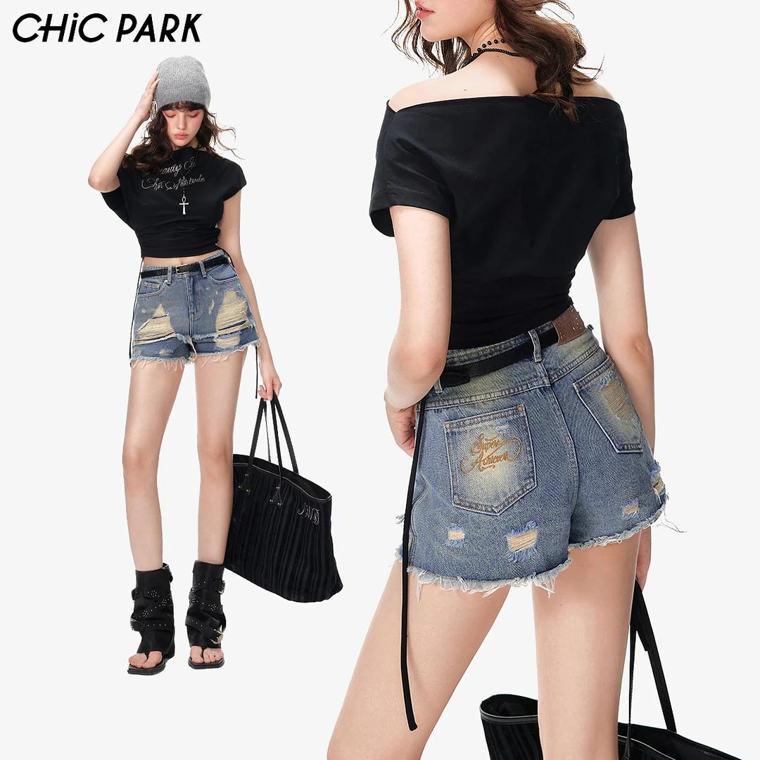 CHiCPARK复古高街重工做旧水洗牛仔裤中腰磨破风撞色不规则短裤女