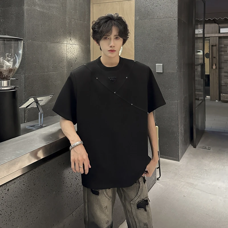 金属装饰解构重磅垫肩短袖男夏季设计感小众正肩t恤美式高街半袖