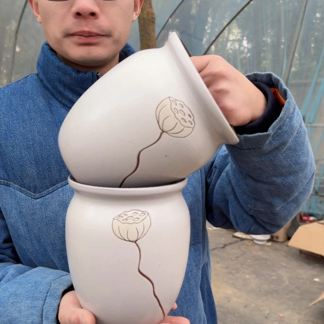 紫砂摆件口15高18（两个莲子白色刻绘